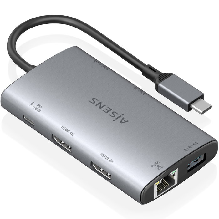 Aisens Docking USB Tipo-C 7 en 1 con 2xHDMI 4K, RJ45 y USB-C PD 100W, Gris